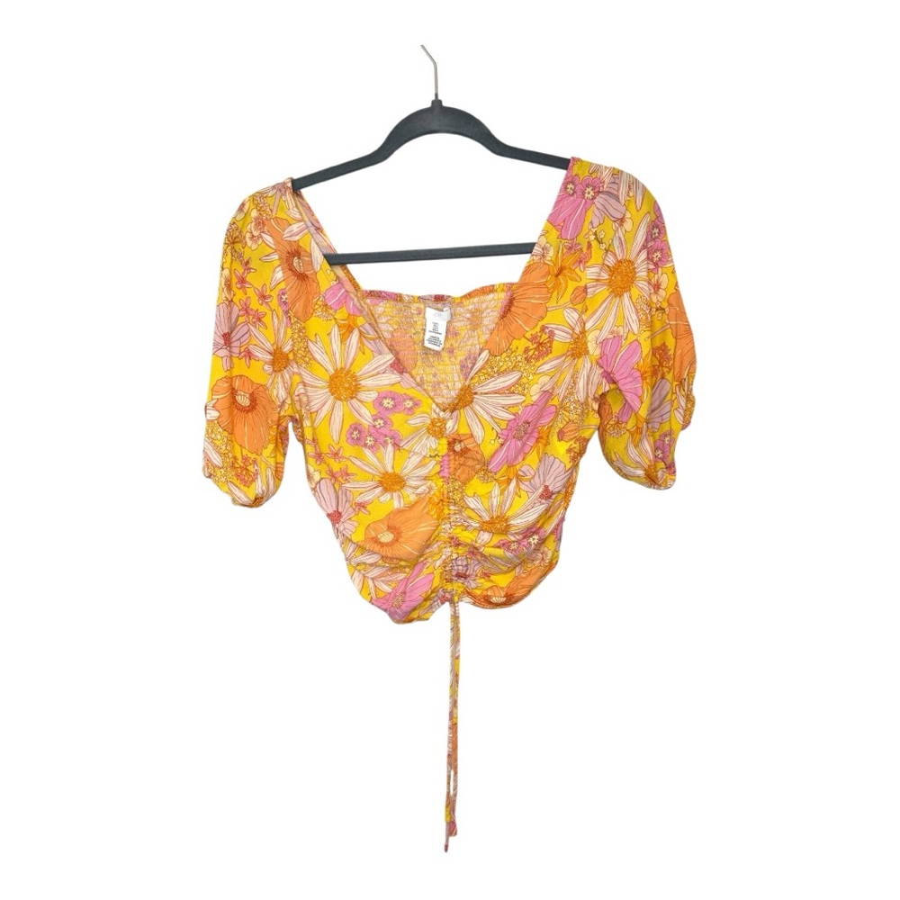 H&M Yellow Pink Floral Puff Sleeve Ruched  Festival Y2K Crop Top Large